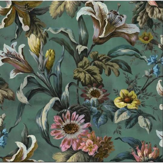 vlies tapeta klasszikus romantikus botanikus vintage elegancia nagy lepteku liliomok mezei viragok dus levelek sotetzold.jpg